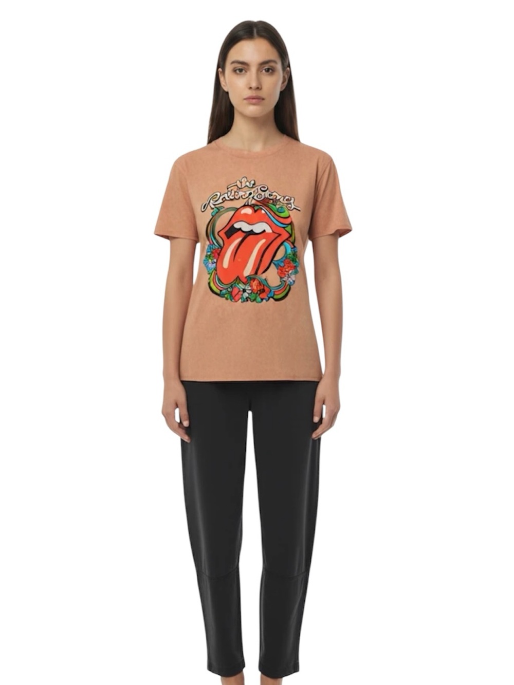 Women's Rolling Stones Graphic Tee in coral with Tongue Print oversized small